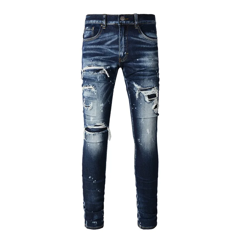 

New Arrivals Men's Blue Distressed Streetwear Style Bandana Ribs Patches Stretch Holes Slim Fit High Street Ripped Jeans