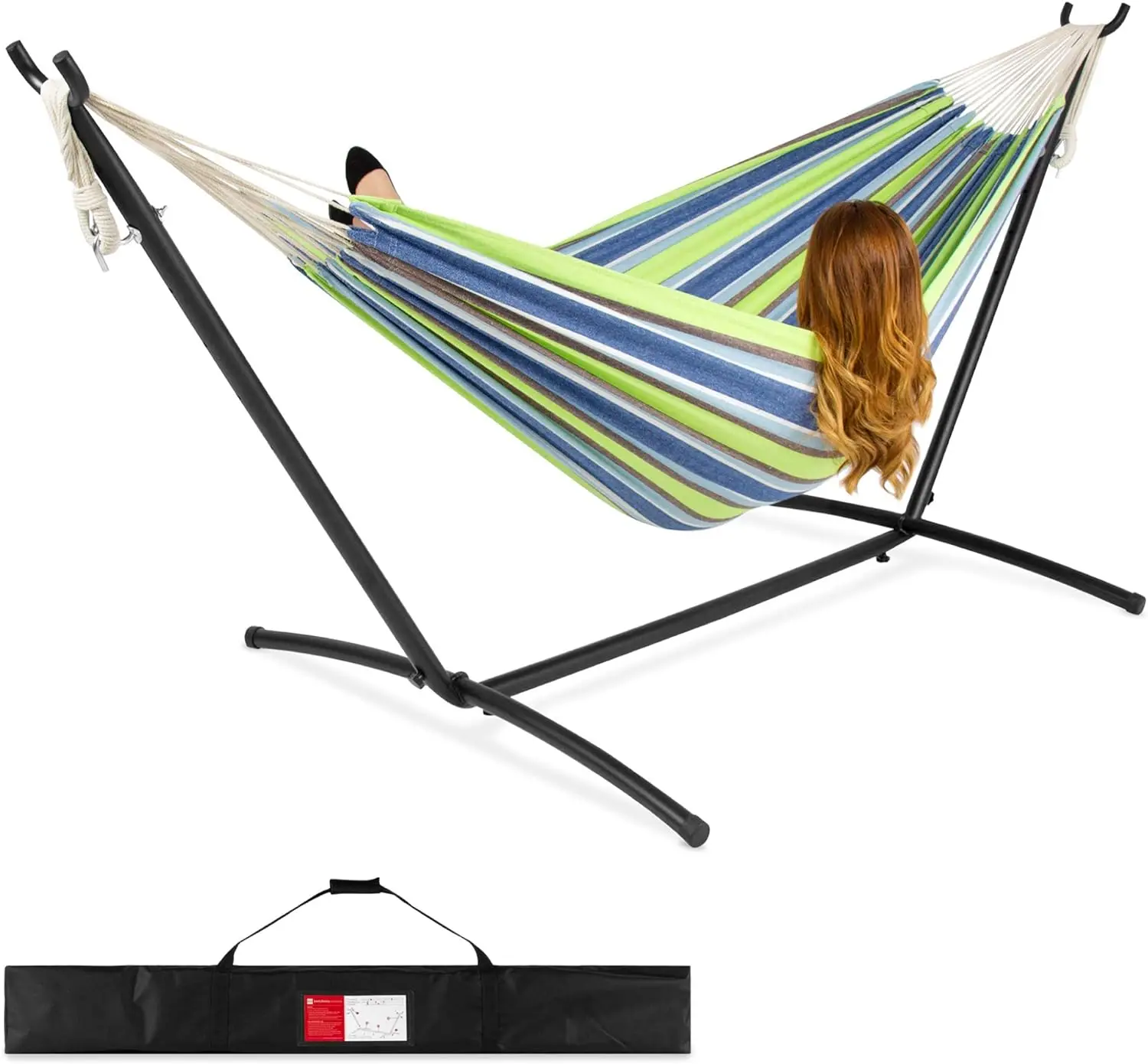 

Double Hammock with Steel Stand, Indoor Outdoor Brazilian-Style Cotton Bed w/Carrying Bag, 2-Person Capacity - Blue/Green