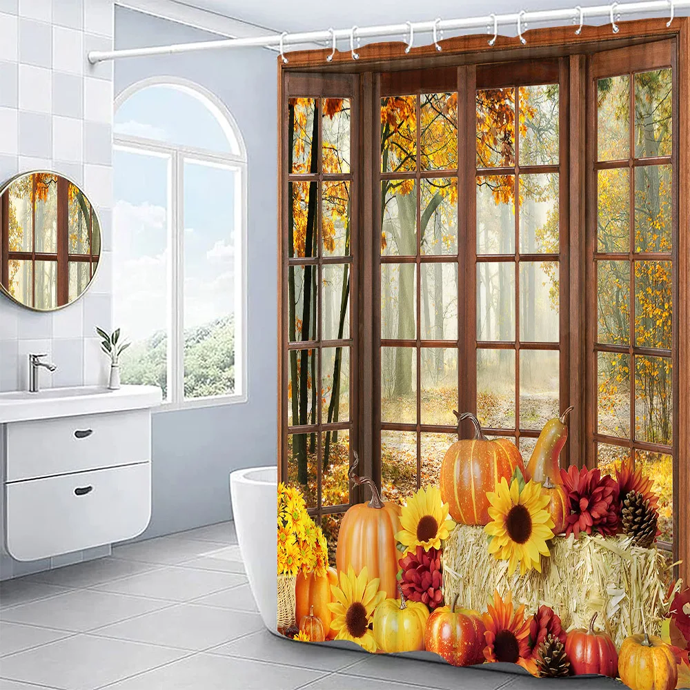 

Autumn Shower Curtain Outside Window Landscape Fall Thanksgiving Maple Pumpkin Decor Sunflower Harvest Day Fabric Bath Curtain