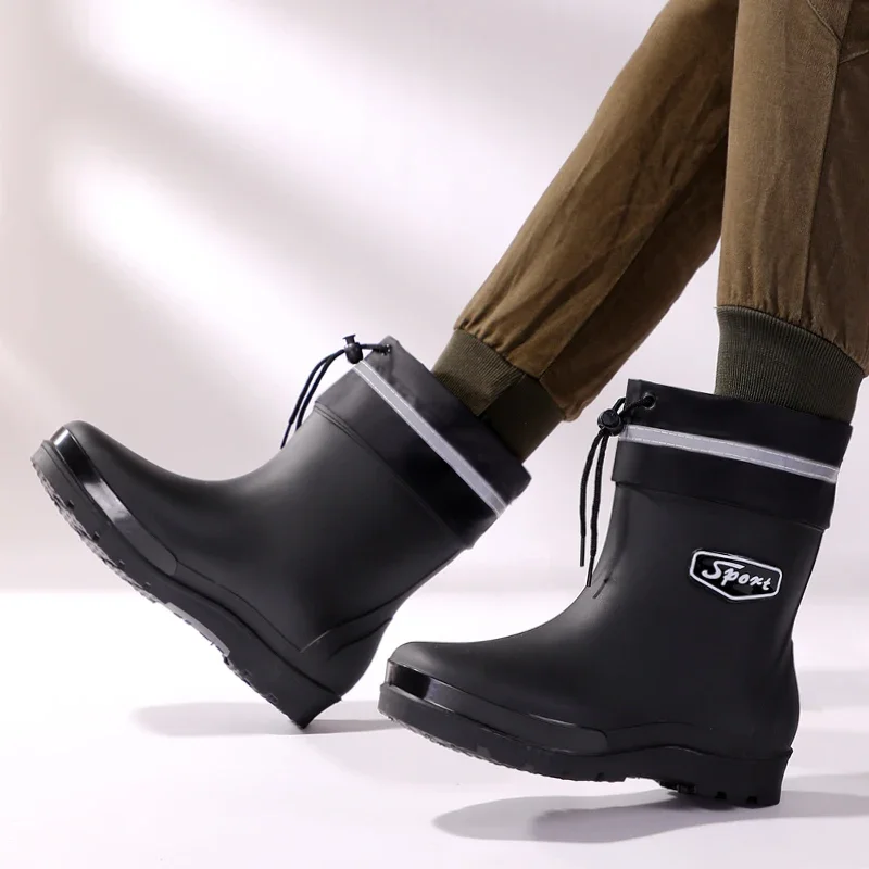 New Rain Boots Men's Waterproof Shoes Drawstring Top Thick Rain Boots Winter Integrated Fleece-lined Non-Hardening Fishi...