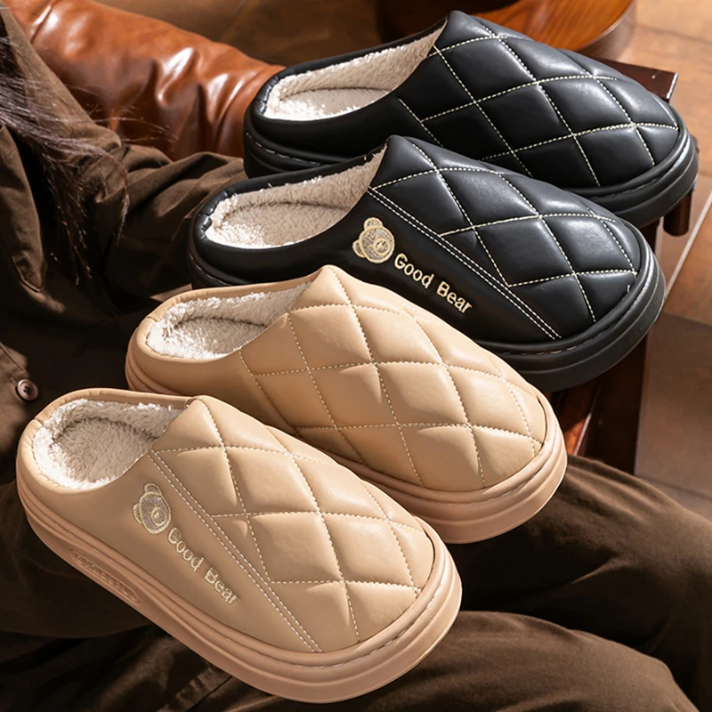 Pu Leather Waterproof Fur Slippers Women Lovely Bear Embroidery Women's Home Slippers Winter 2025 Platform Plush Warm Slides