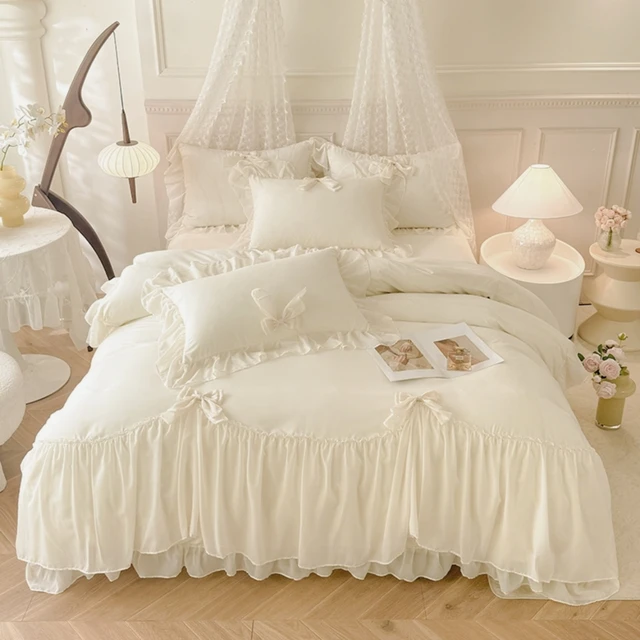 3pcs White Bedding set ruffles Duvet Cover Set (1*Duvet Cover + 2*Pillowcase, Without Core)for bedroom guest room