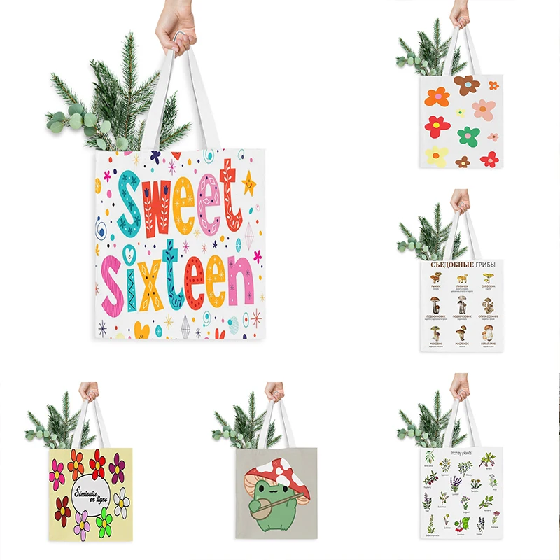 

Flowers and Mushrooms Women Shopping Bag White Large Capacity Canvas Tote Bag Reusable Foldable Aesthetic Student Book Handbags