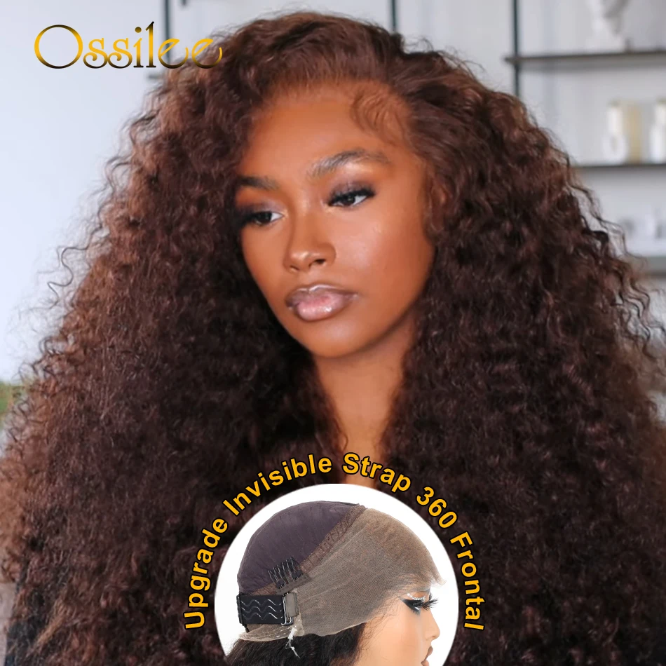 Ossilee Chocolate Brown Deep Wave Invisi Strap Snug Fit 360 Melting Lace Frontal Glueless Lace Wigs Bleached Knots lace front wig human hair wigs 360 lace wig