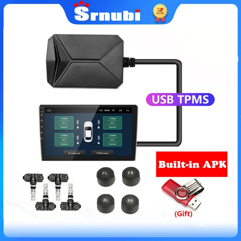 Srnubi USB Android TPMS автомобильная система контроля давления в шинах для автомобиля Android плеер температура фонарь с четырьмя датчиками