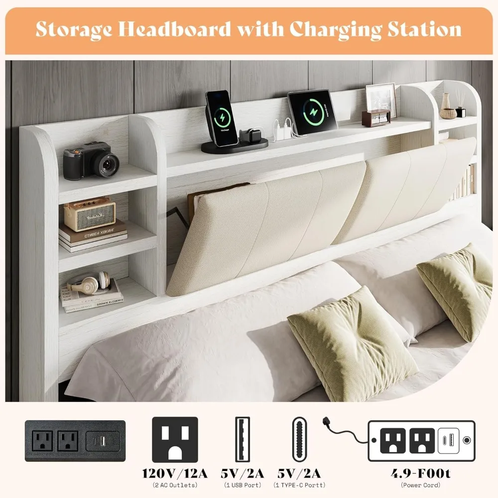 Extra Large Bed Frame with 4 Storage Drawers, Cushioned Bed Frame, 47.2 in Bookshelf Headboard, Charging Station 3