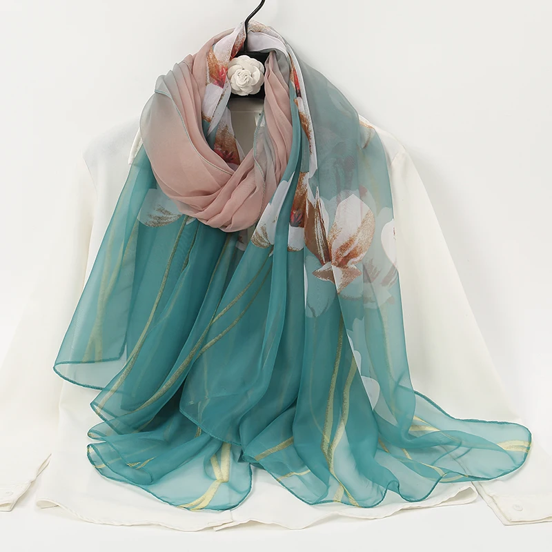 Lightweight Through Silk Scarf Women Foulard Thin Stoles Beach Travel Tippet Floral Long Veil Luxury Scarves Soft Premium Pareos