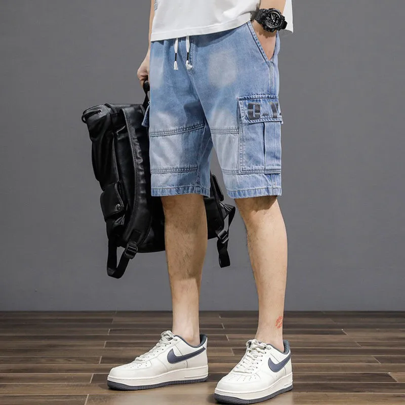 2023 Summer Gray Blue Denim Shorts for Men Cotton Knee-Length Straight Casual Loose Thin Elastic Bermuda Jeans Short Pant