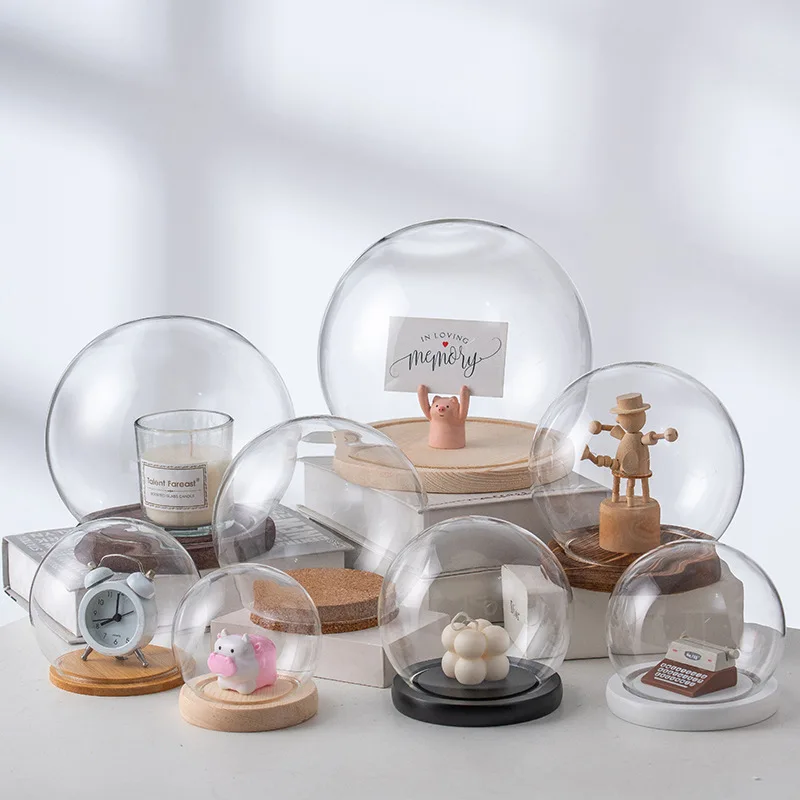 Clear Dome Cloche DIY Landscape Dollhouse Flower Preservation Vase with Wooden Base Antique Glass Bell Jar for Home Office Decro glass display dome