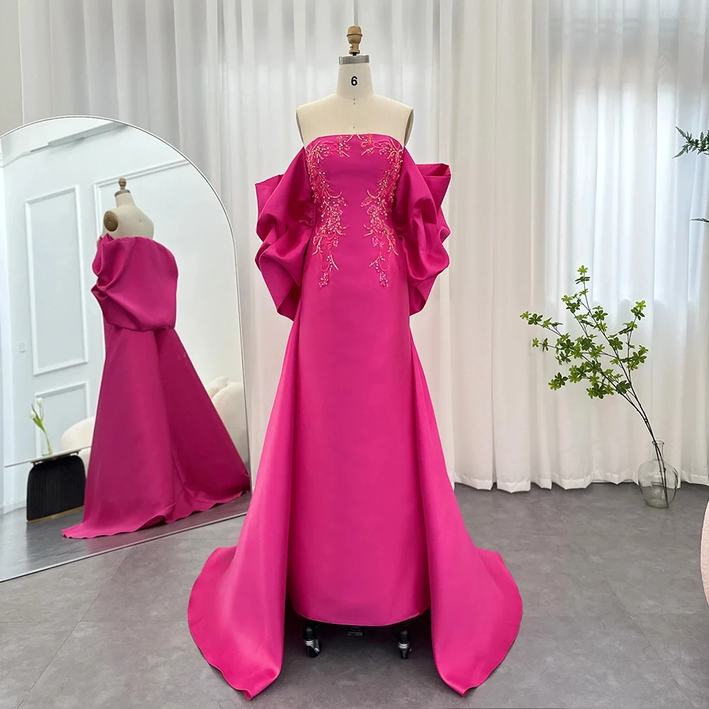 

2024 New Arabic Fuchsia Mermaid Dubai Luxury Evening Dresses Cape Shawl Women Long Wedding Party Guest Gowns Vestidos De Fiesta