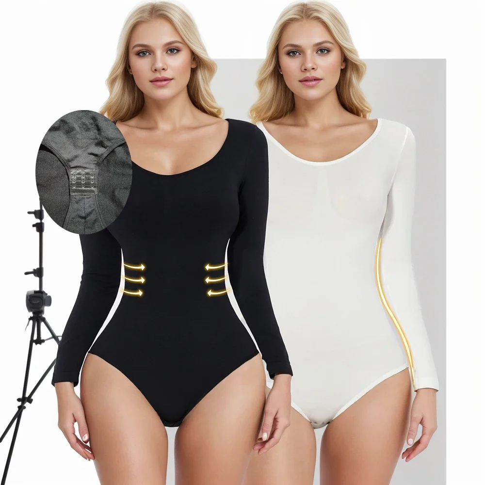 Tight Shapewear Bodysuit for Women Seamless Stretchy Compression Suit Long Sleeve Tummy Control Body Shapers Bodysuit