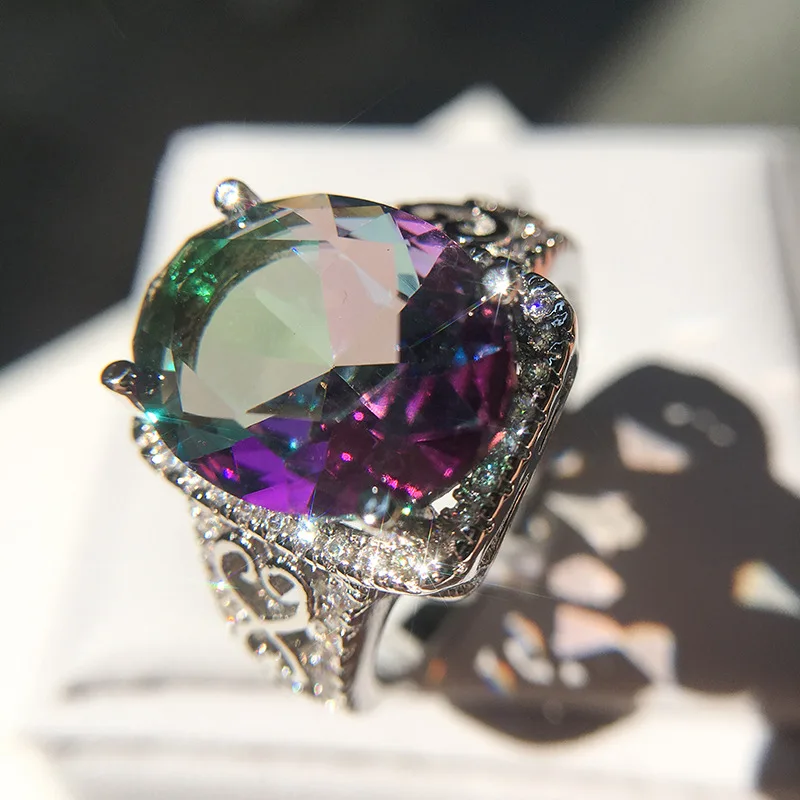 

2022 NEW Personality Rainbow Stone Sea Blue Zircon Ring Hot Sale Creative Mosaic Colorful Gem Jewelry Women Men