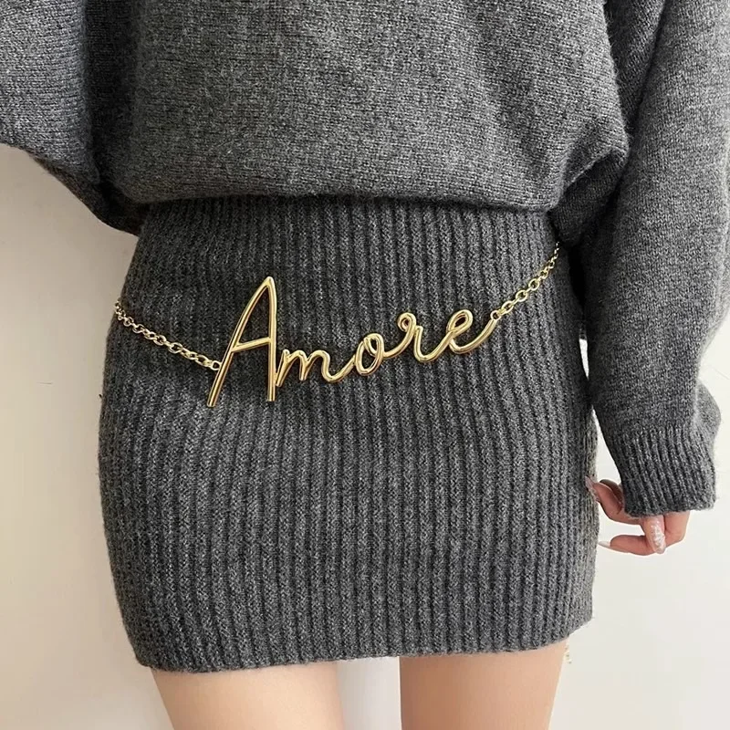 Adjustable Gold Waist Chain Jewelry Vintage Minimalist Metal Belt for Women Dresses Pants A U Letter Design 115cm