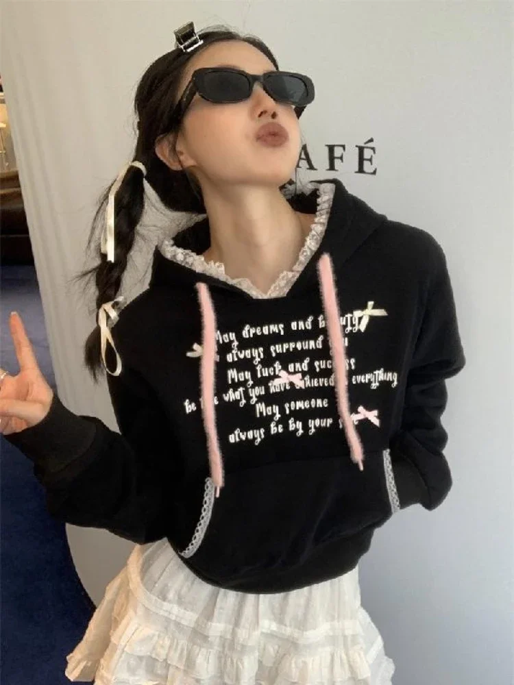 

Women's Autumn Winter Warm Thicken Hoodies Hooded Vintage Korean Fashion Loose Cropped Lace Sweatshirt Tops Streetwear Clothes