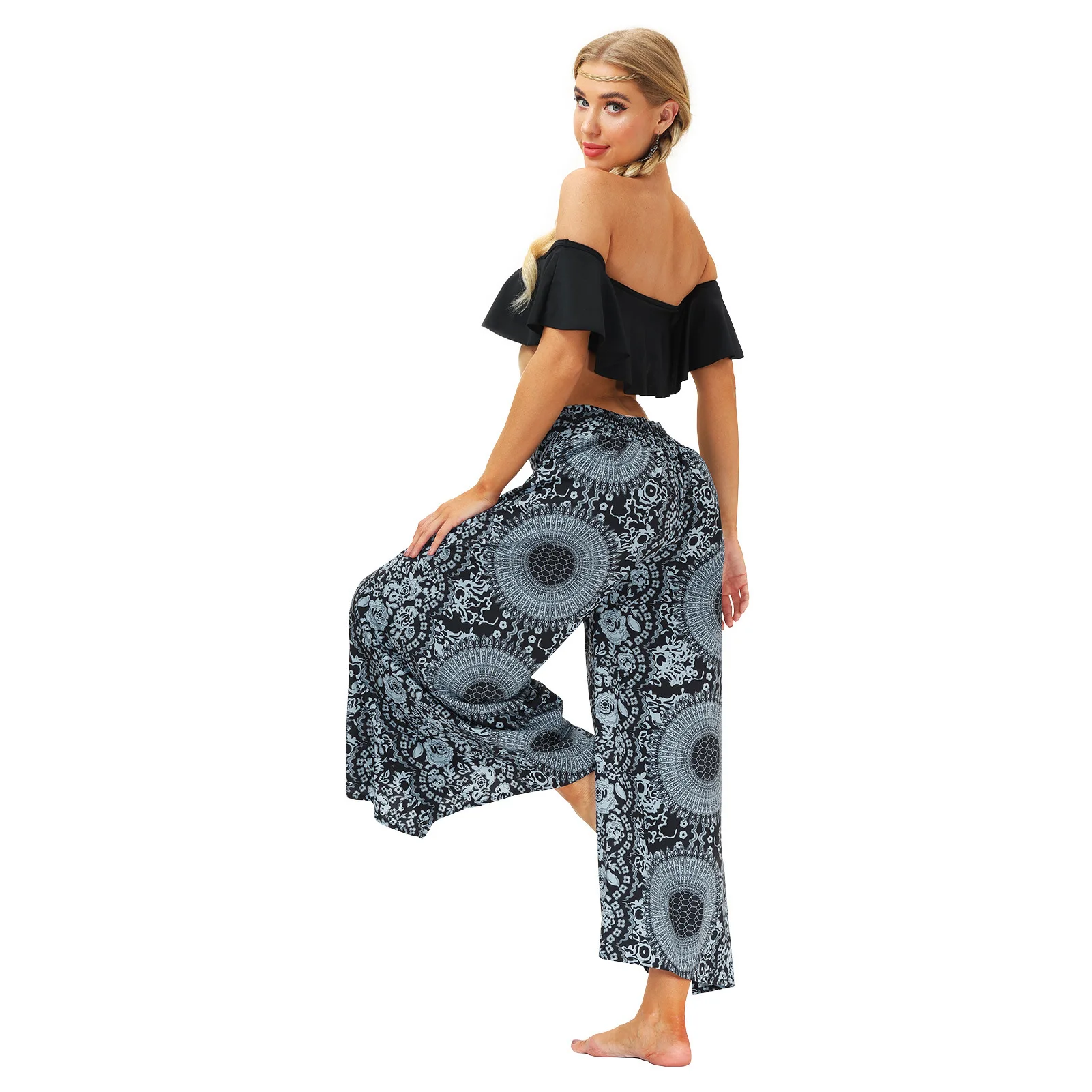 Women Fashion Simple Printing Hippie Pants,Harem Pants Slit Wide Leg Casual Yoga Pants