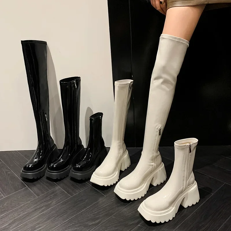 

Winter Chunky Platform Boots Sexy Korean Round Toe Y2K Black White Thick Heels Elastic Knee High Heel Long Boots Botas Mujer