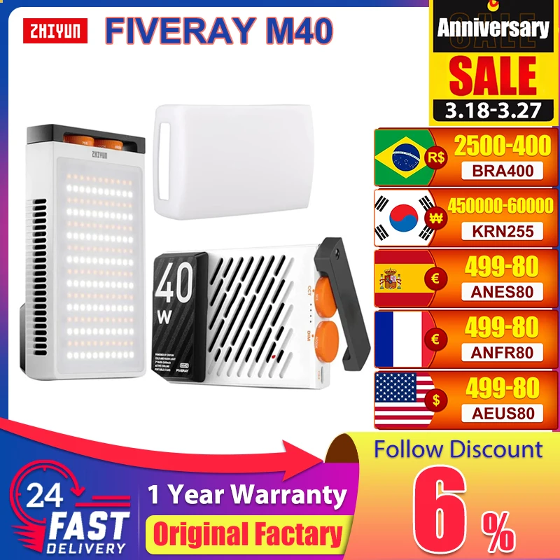 ZHIYUN FIVERAY M40 사진 비디오 램프, 휴대용 포켓 LED 조명, 필 라이트 사진 조명