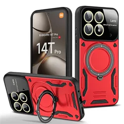 Luxury Armor Phone Case with Magnetic Ring Stand and Wireless Charging Compatibility for Xiaomi 14 Pro (Red)