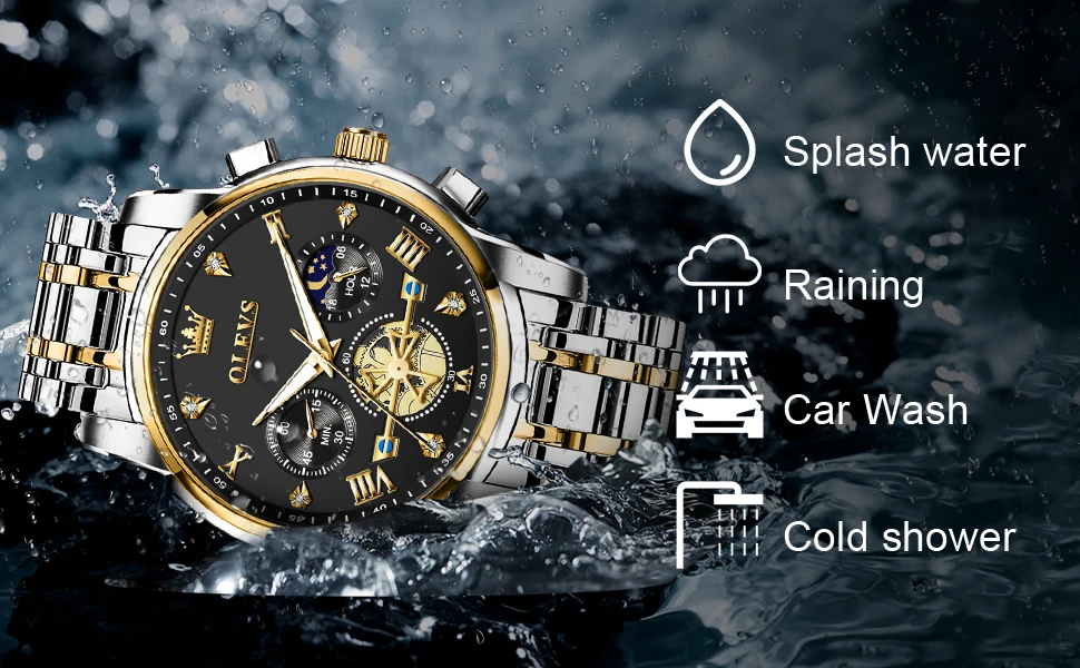 OLEVS 2856 Quartz Watch for Men Flywheel Skeleton Chronograph Moon Phase Multifunctional Stainless steel Men's Wristwatches