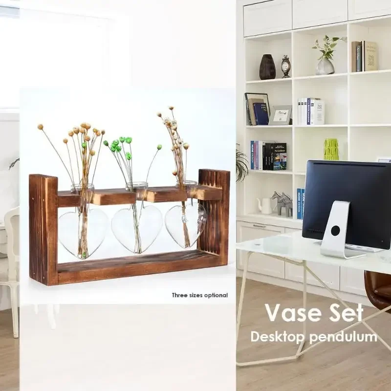 Wooden Frame Glass Vase Hydroponic Plant Vase Vintage Flower Pot Table Desktop Bonsai  Heart Shape Home Decoration Wedding Vase 4
