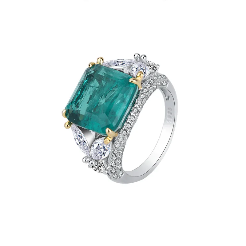 

S925 Silver Imitation Emerald Wooden Green Temperament Women's Ring Square Main 12 * 12 Jewelry Wholesale