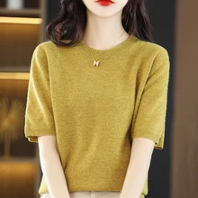 

100% Pure Wool T-shirt Spring and Summer New Women's O-Neck Short-sleeved Slim Fashion Knitted Bottoming Tops Hot