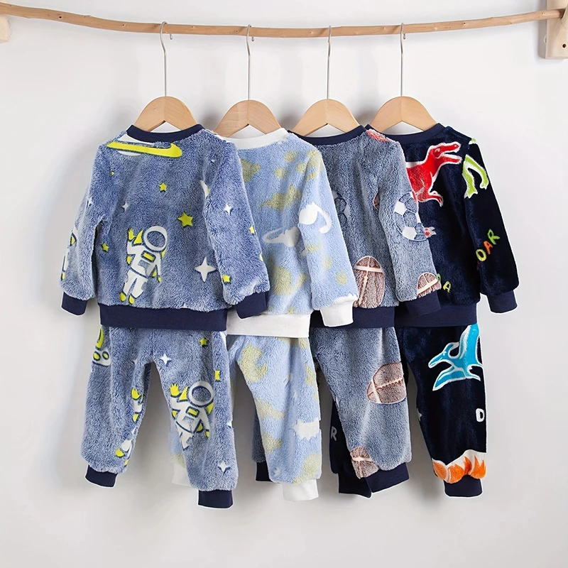2 pieces/set boys winter plush night fluorescent warm pajamas - Uniqwear