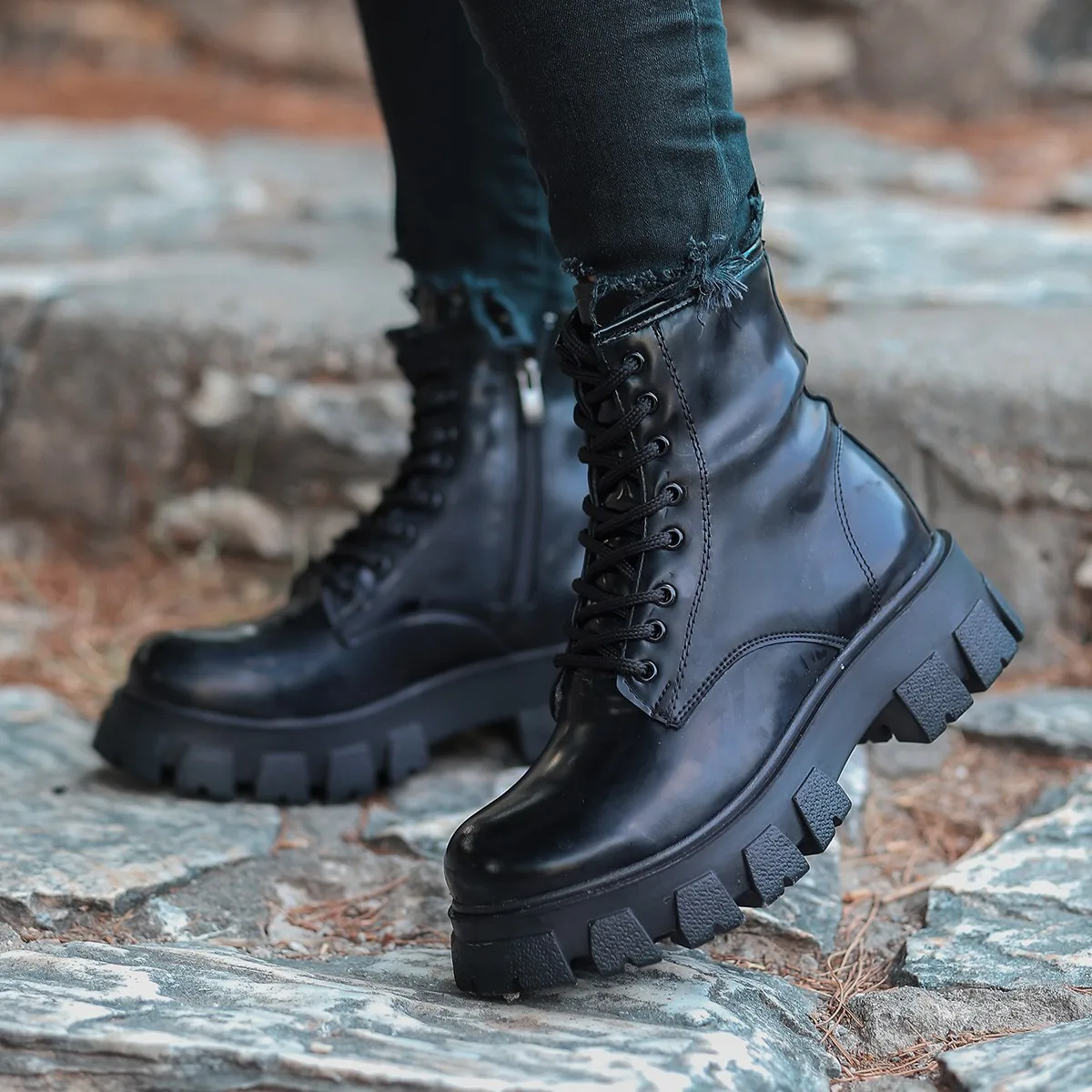 Simu botas de nieve impermeables para mujer, botines de charol con  cordones, color negro mate, invierno, 2022|Botas hasta el tobillo| -  AliExpress