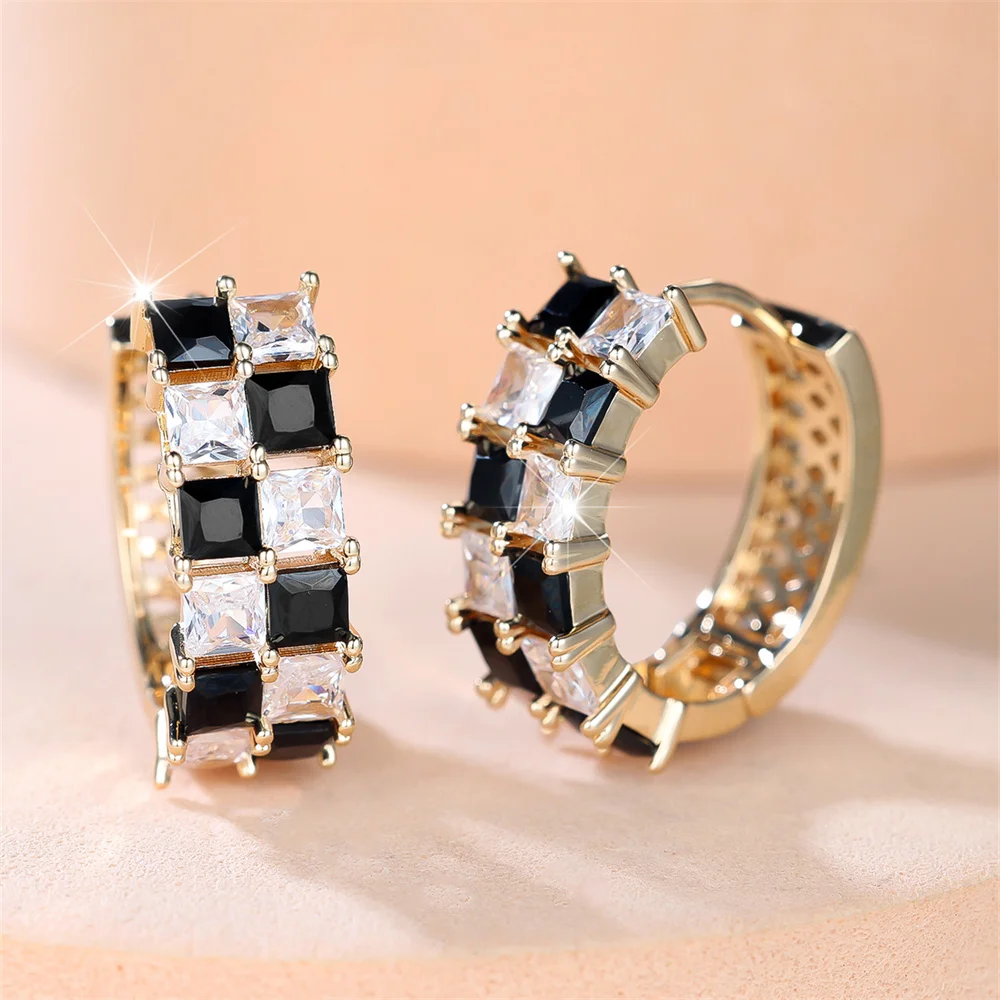 Black Crystal White Zircon Square Stone Chessboard Hoop Earrings For Women Vintage Gold Color Ear Buckle Wedding Jewelry Gifts