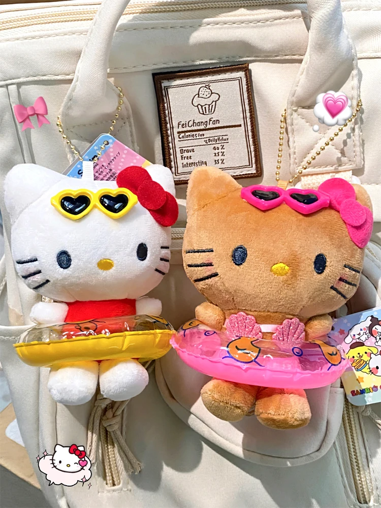 Kawaii Hello Kitty Black Leather Bag Pendant Hawaiian Doll Book Bag Pendant Doll Car Keychain Children's Plush Toy Gift