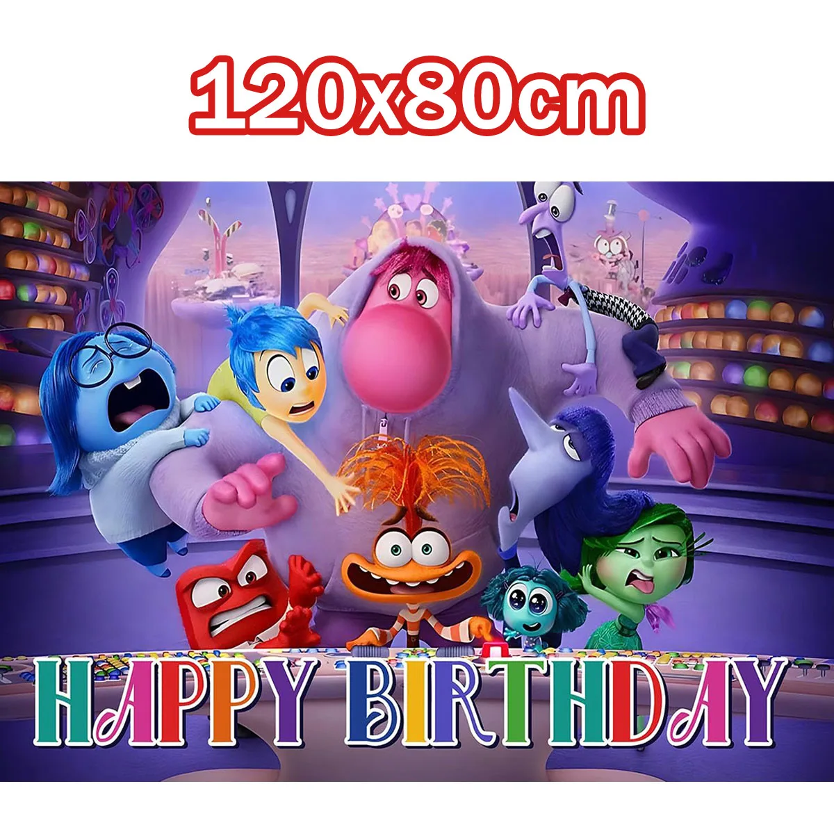 thumbnail image 1 of Set de decoración para fiesta de cumpleaños de Disney Inside Out 2, telón de fondo con feliz cumpleaños de Inside Out, platos de papel, servilletas, vasos, globos y suministros, 1 of 5