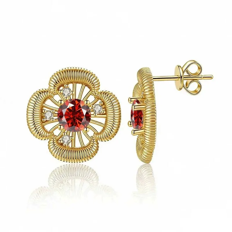 925 Sterling Silber Kleeblatt Moissanit Ohrstecker für Damen, Feiner Schmuck, 14k Vergoldete Blumenohrringe, Testergeprüft, Geburtstagsgeschenk – Detail 10
