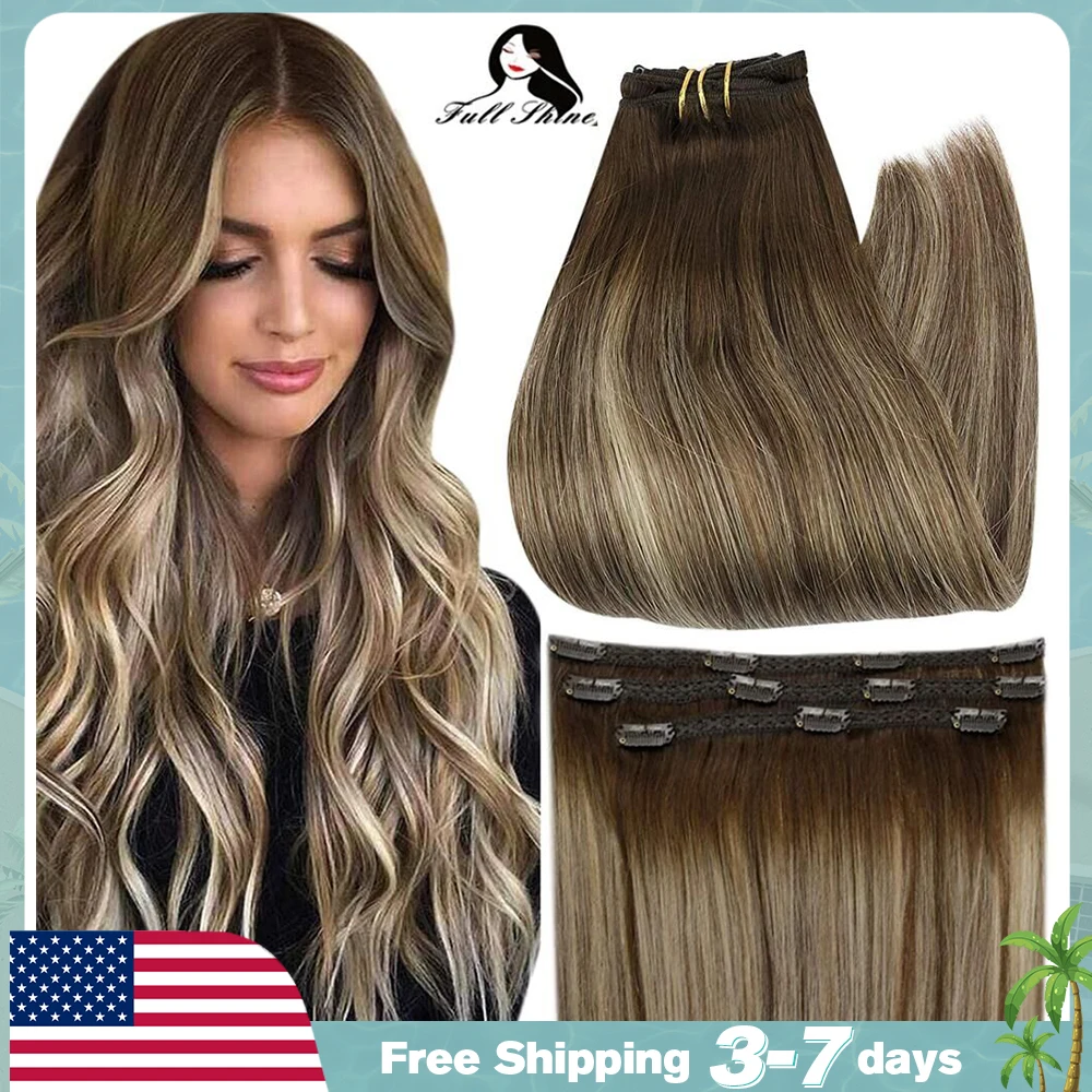 Human Hair Extensions Full Shine Hair Clip in Hair Extensions Human 50g 3pcs 100% Real Remy Human Extensions Ombre Blonde Color Hairpins