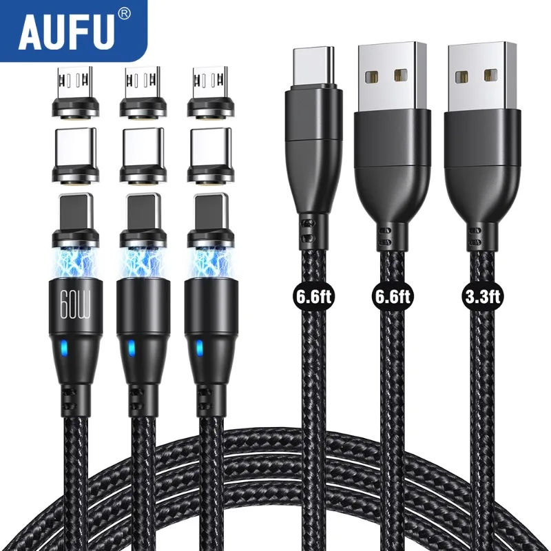 

AUFU 3PACK 60W Fast Charger Magnetic Cable USB C To Type C Micro Magnetic Data Cord USB Cable For iPhone Macbook Samsung Xiaomi