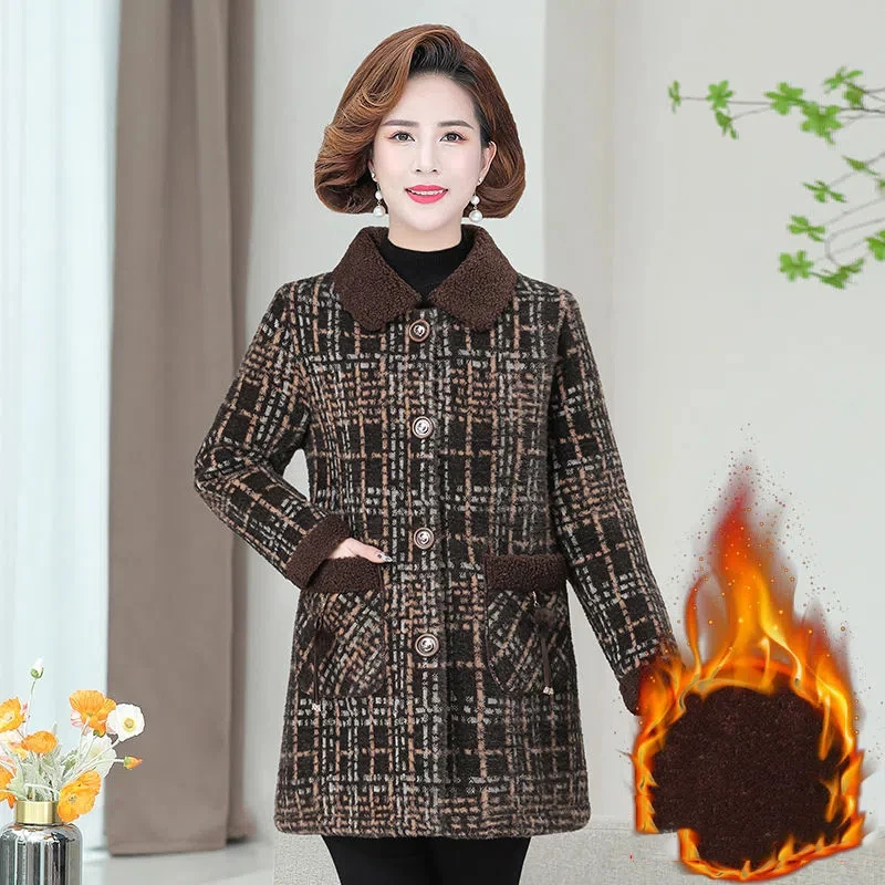 

Middle-Aged Womens Winter Mink Fleece Coat Plus Velvet Thickening Vintage Lapel Plaid Woolen Jacket Female Autumn Top XL-5XL