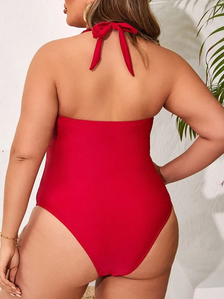 VigoJany Solid Tied Halter Plus Size Swimwear Women Push Up Hollow Large One Piece Swimsuit Beach Chubby Big Bathing Suit