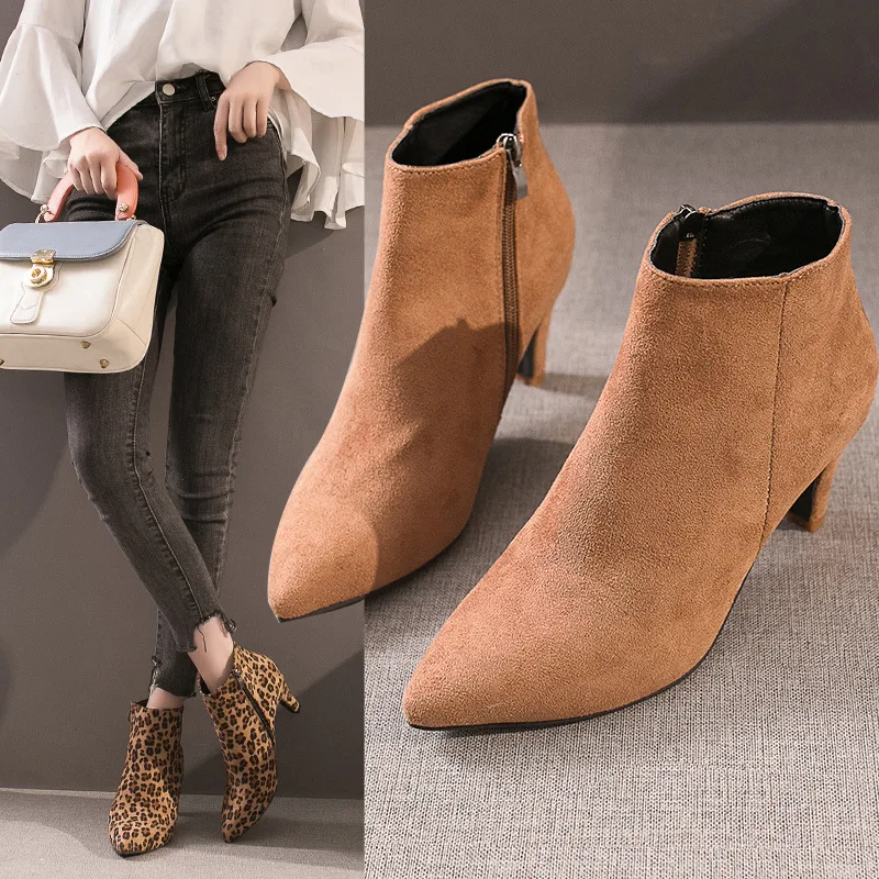 Boots Women Autumn Ankle Boots Sexy High Heels 7cm Leopard Short Winter Woman Boots Female Adult Shoes Casual Ladies Plus Size