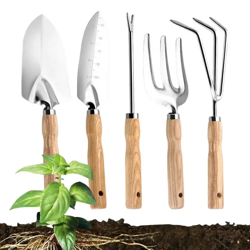 

Gardening Tools Set 5PCS Gardening Tool Kit Stainless Steel Heavy Duty Planting Tools Ergonomic Handle Shovels Root Picker Rake