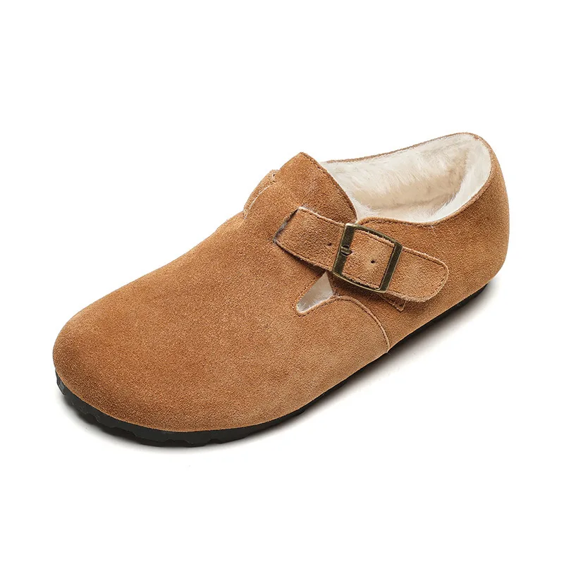 2024 neue Damen-Winter-Outwear aus echtem Leder mit Plüschschuhen, flacher Sohle, One Step Milard Retro-Bucken-Einzelschuhe mit weicher Sohle_voghion.com