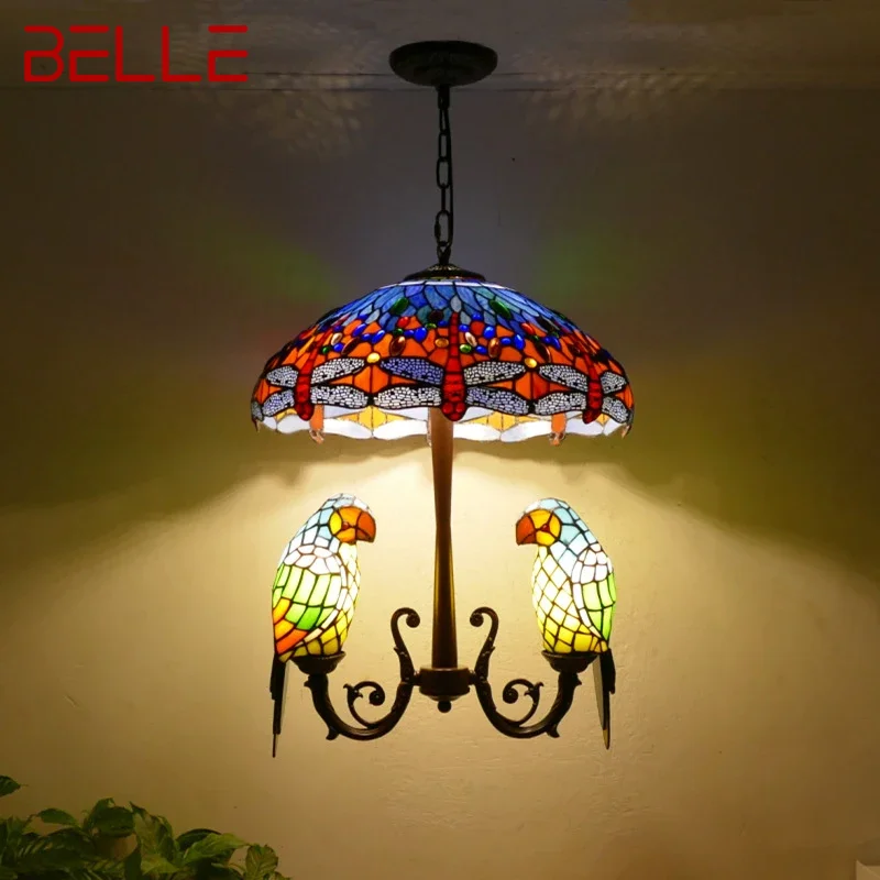 

BELLE Tiffany Parrot Chandelier Vintage Creative Color Glass Living Room restaurant Bedroom Hotel Corridor Pendant Lamp