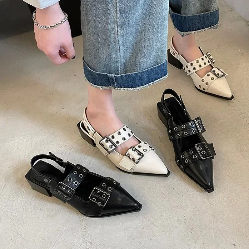 Slingback Shoes Gothic Chunky Heels Women's Pumps Rivet Street Style Medium Heel Punk Vintage Casual Sandals Spring Summer