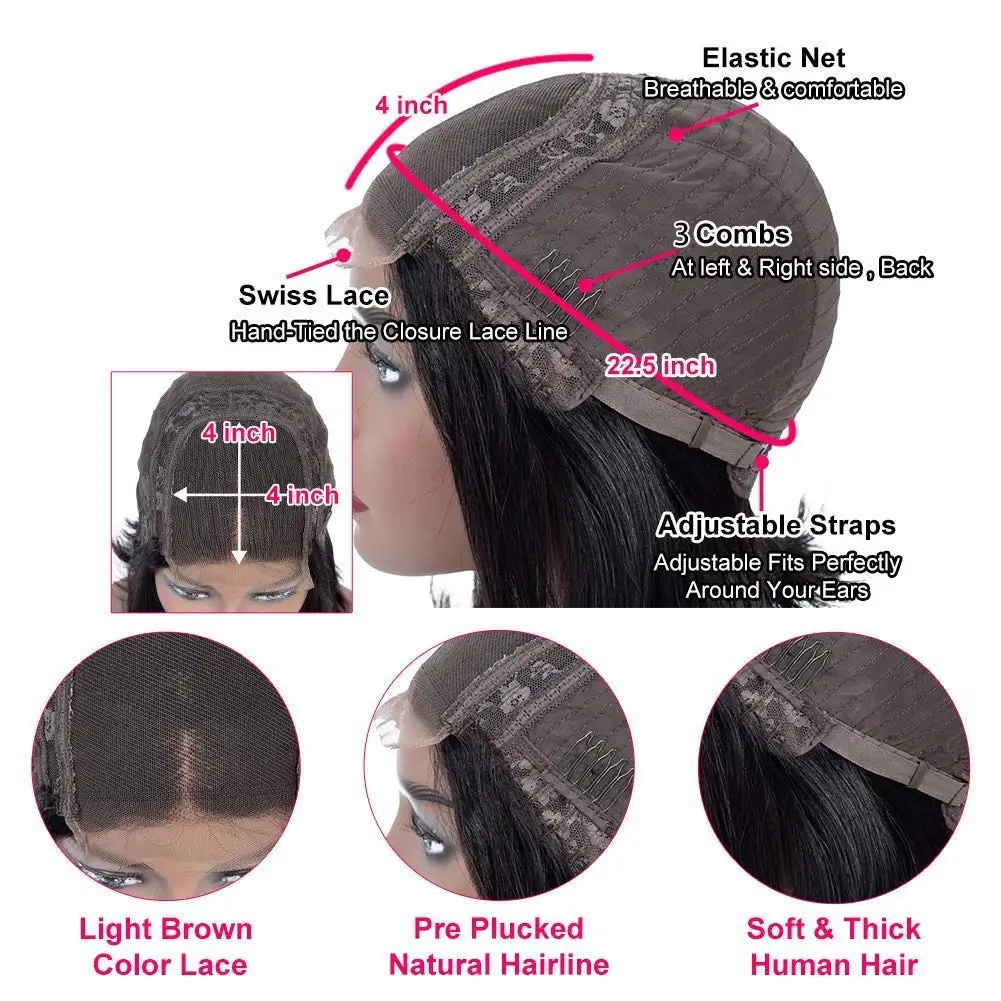 Peruca de Cabelo Fechamento do Laço Natural para as Mulheres Remy Malaio Onda Profunda hd Peruca Cabelo Humano Cor Pré Arrancadas 4x4 6 Computers & Electronics