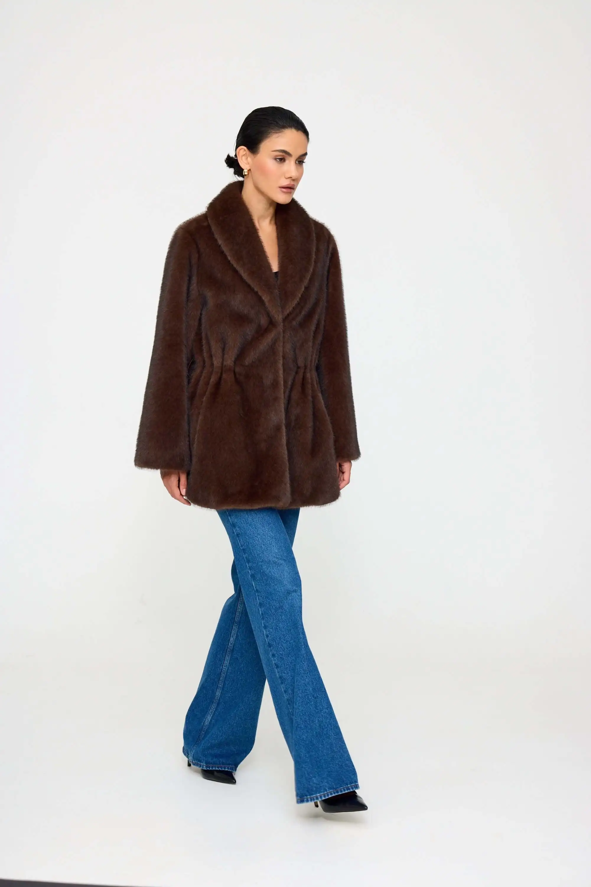Laur 2026 Shawl Collar Faux Fur Coat Drawstring Waist Mid Length Warm Winter Ladies Plush Fluffy Outerwear