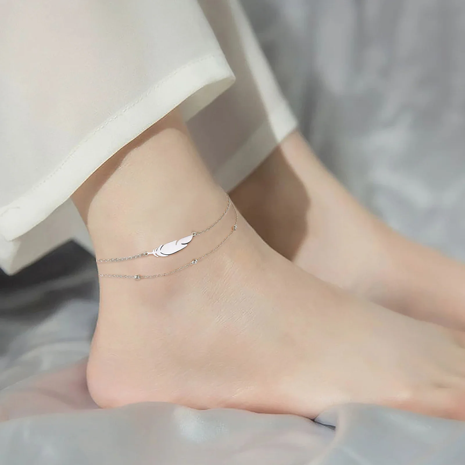 Feather Stainless Steel Bead Chain Anklet For Women Men