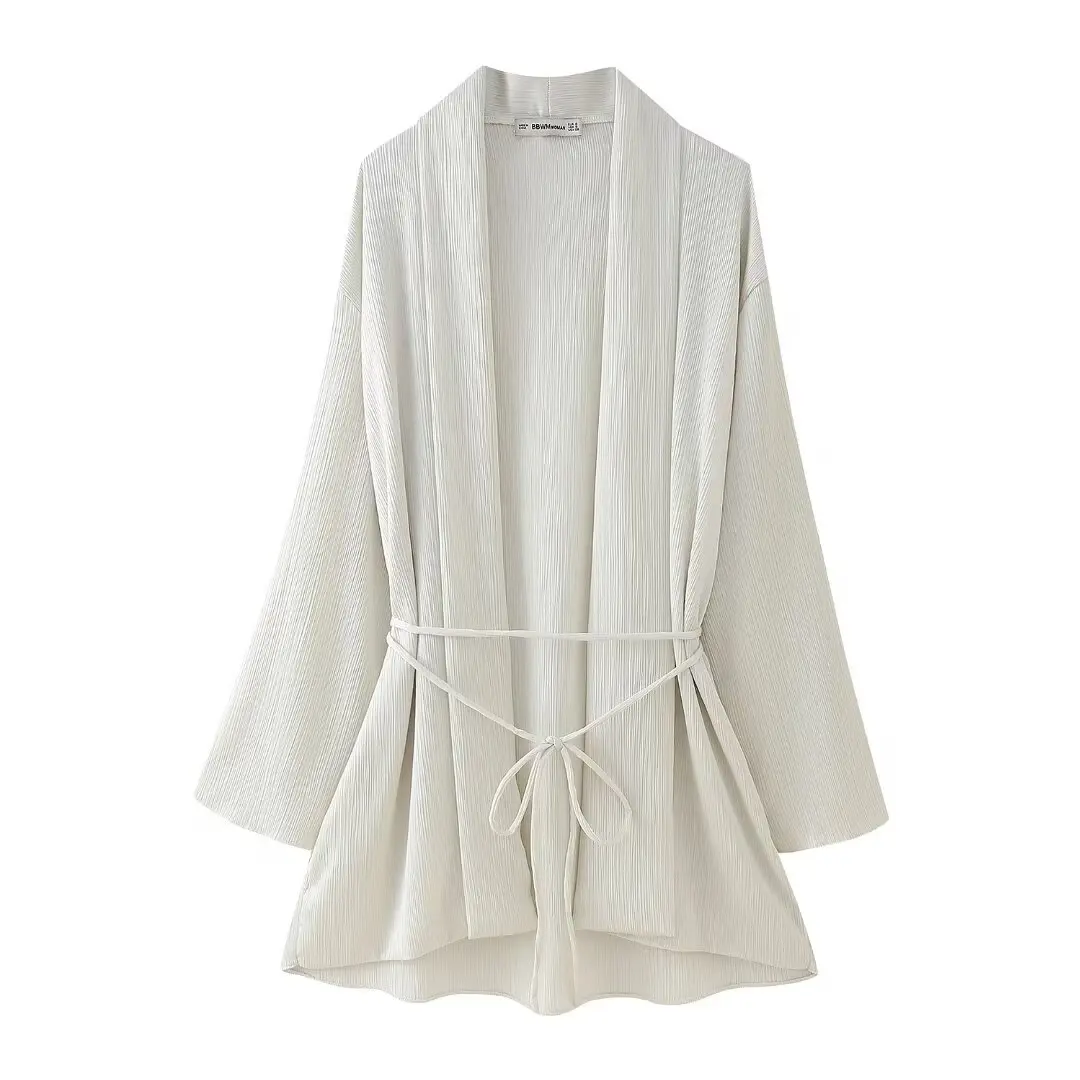 thumbnail image 1 of HH TRAF Moda femenina Kimono Mangas largas Textura Encaje Decorar Blusas plisadas Mujer Versátil Sólido Camisa delgada Top Mujer, 1 of 5