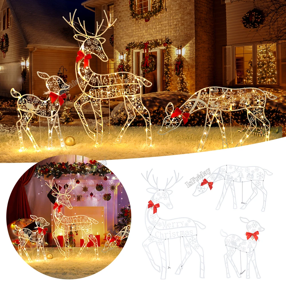 

3PCS Handmake Iron Art Elk Deer Christmas Garden Decor &LED Light Glowing Glitter Reindeer Xmas Home Outdoor Yard Ornament Decor