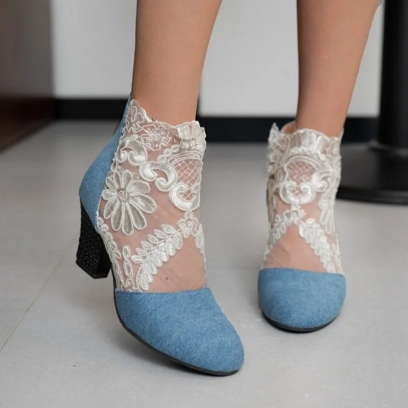 New Fashio Women's Sandals Fish Mouth Shoes Mid-heel Large Size Women's Shoes Breathable Women's Shoes Lace Mesh High Heels 2023