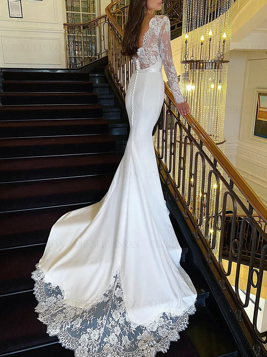 

Mermaid Beading Wedding Dresses Full Sleeves Long Wedding Bride Dress Illusion Satin Dresses For Wome 2024 Vestidos De Novia