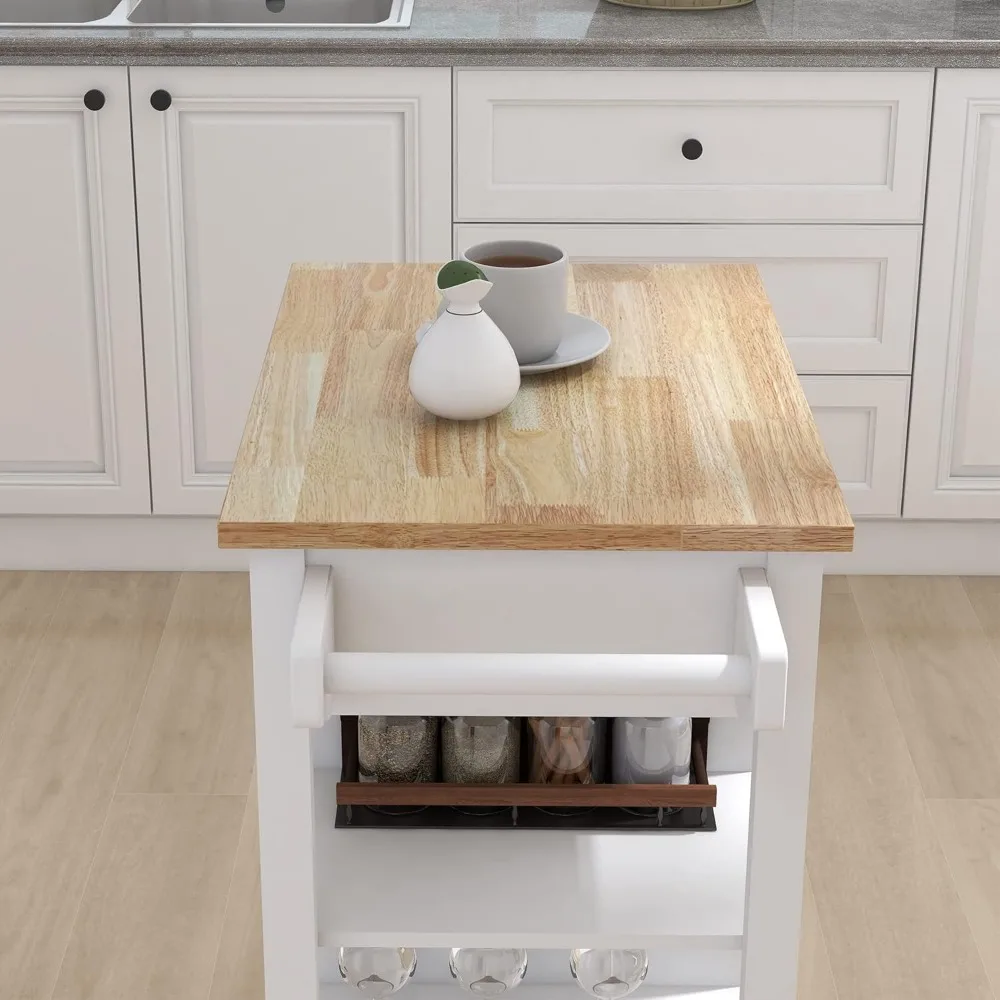 Kitchen Island on Wheels with Single Door and One Drawer Solid Wood Top Storage Cabinet 2 Open Shelves White Kitchen Trolley