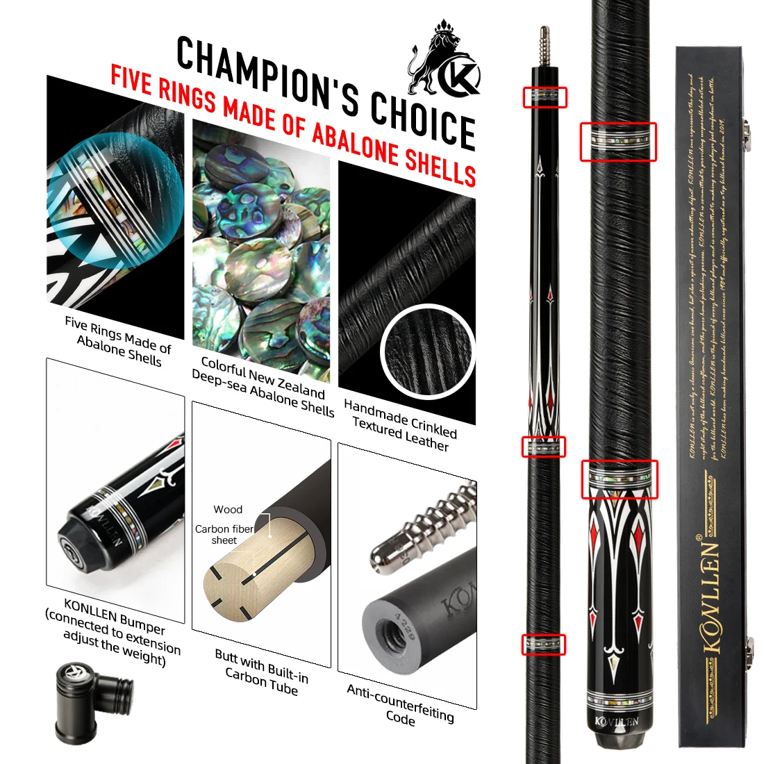 KONLLEN カーボンファイバー プールキュースティック リアルインレー ビリヤードキュー (12.5mm チ : KONLLEN カーボンファイバー プールキュー 147cm 12.5mm
